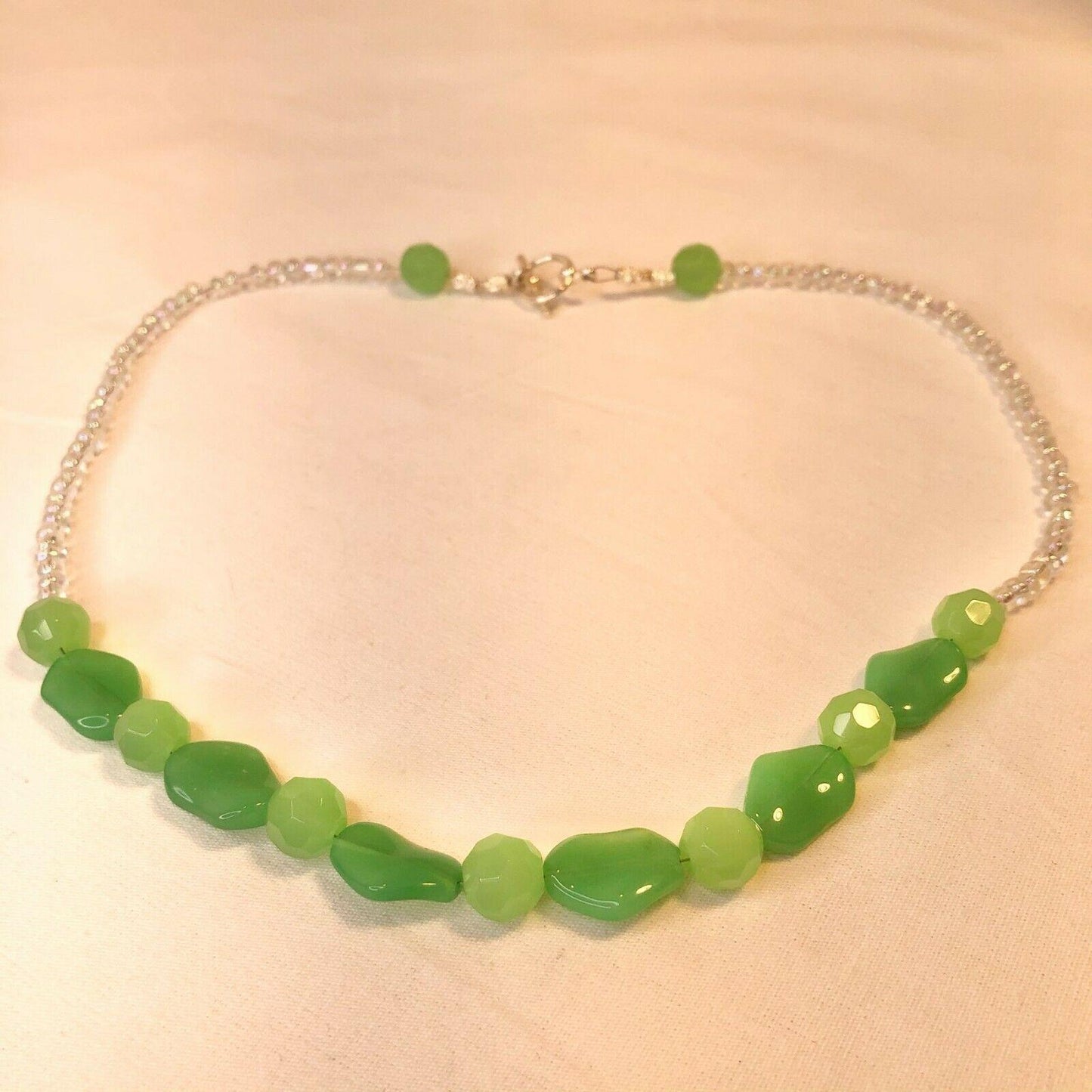Handcrafted Beaded Necklace Green & Clear Beads Pop Spring Jewelry NEW