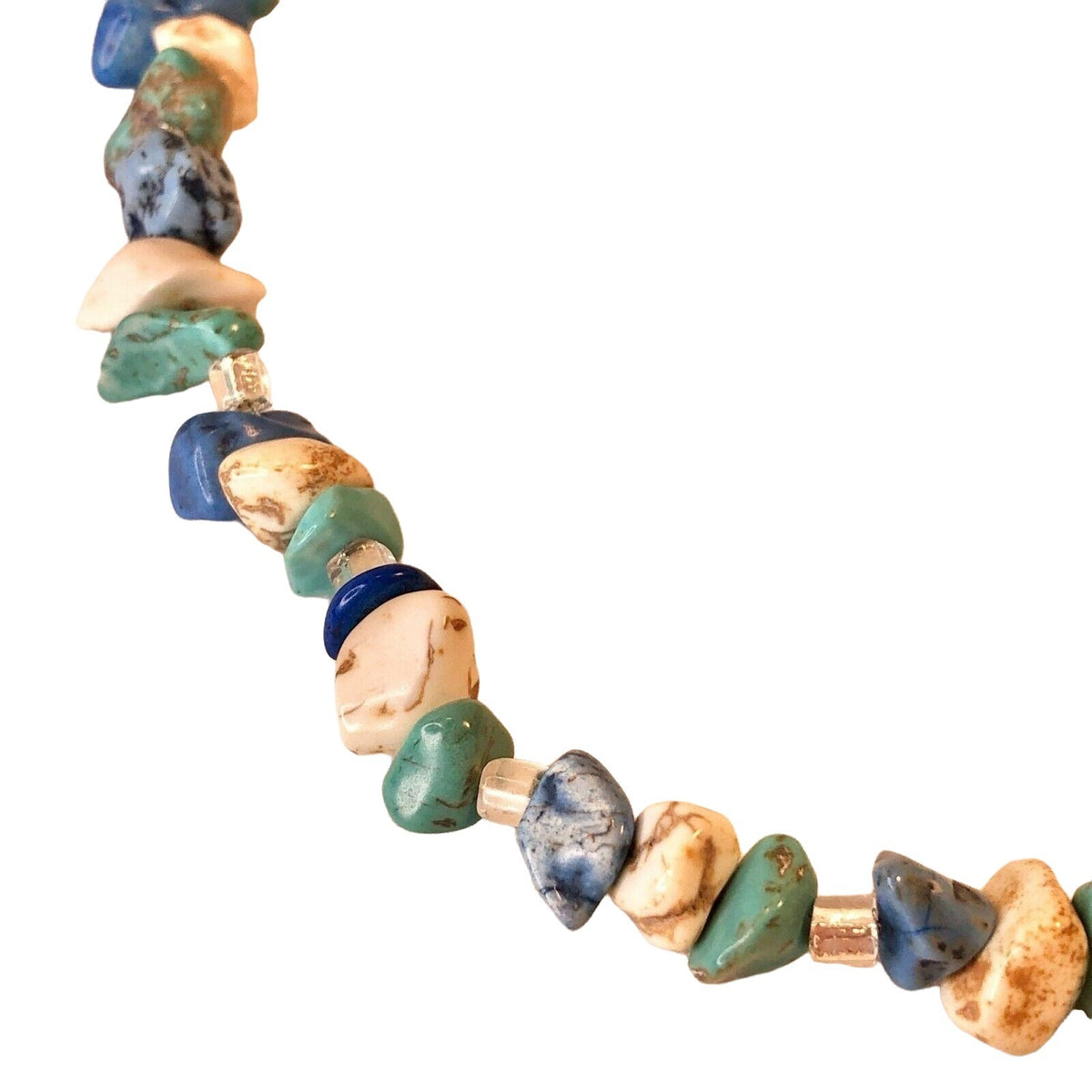 Handcrafted Necklace Beachy Stones Glass Beads Marbled Blues and White NEW