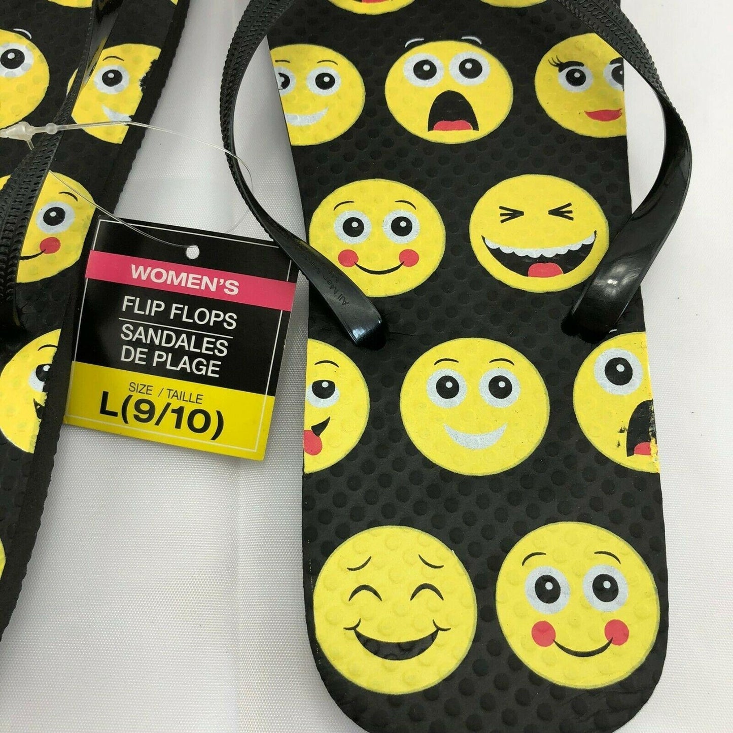 Flip Flops Emojis Womens L (9-10) Black and Yellow NEW beach pool camping casual Summer