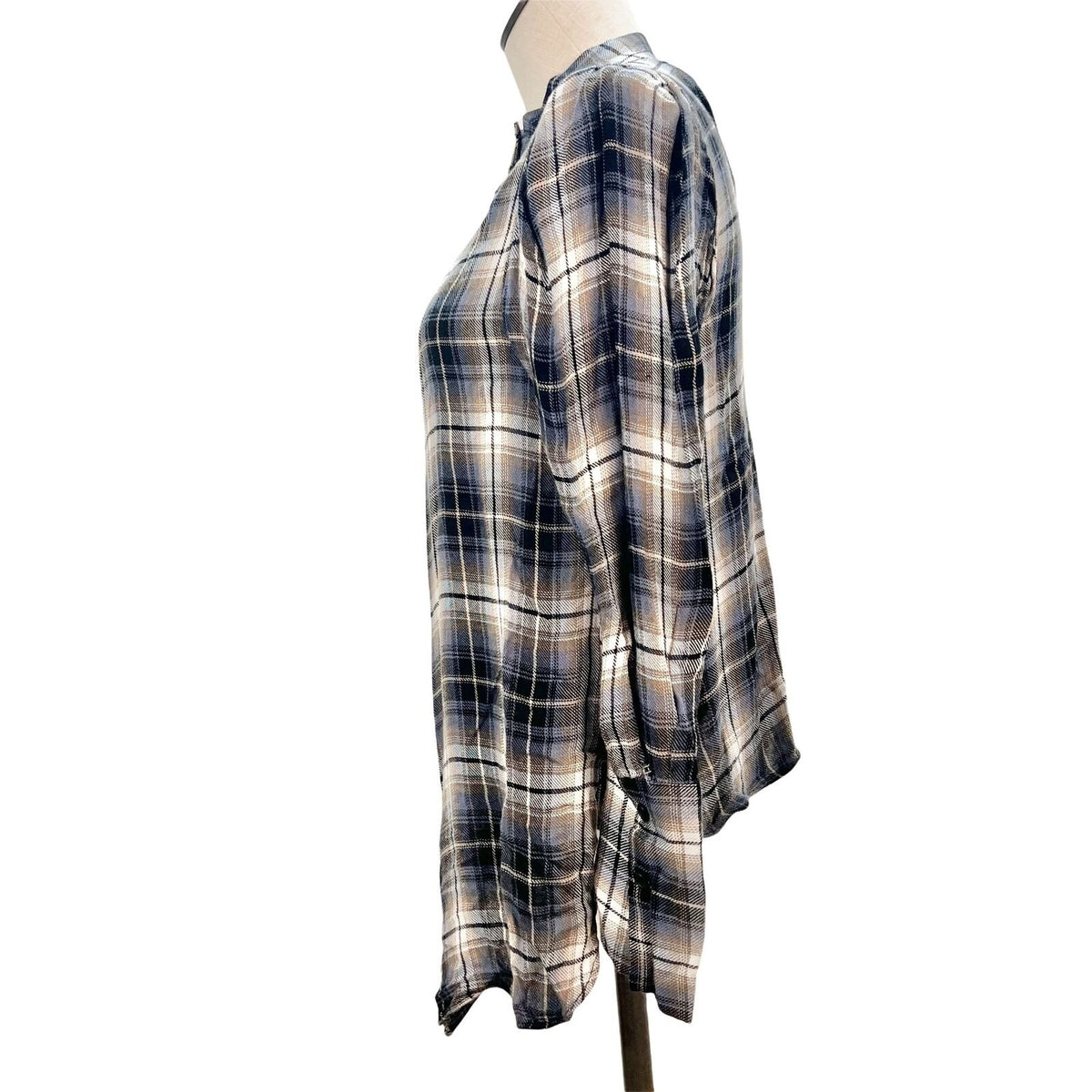 Elan Women's Small Blue Plaid LS Rayon High Low Button Up Mock Neck Top