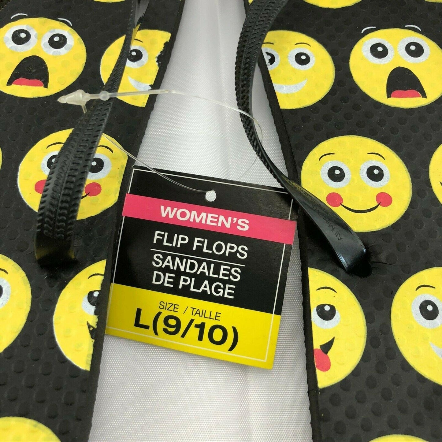 Flip Flops Emojis Womens L (9-10) Black and Yellow NEW beach pool camping casual Summer
