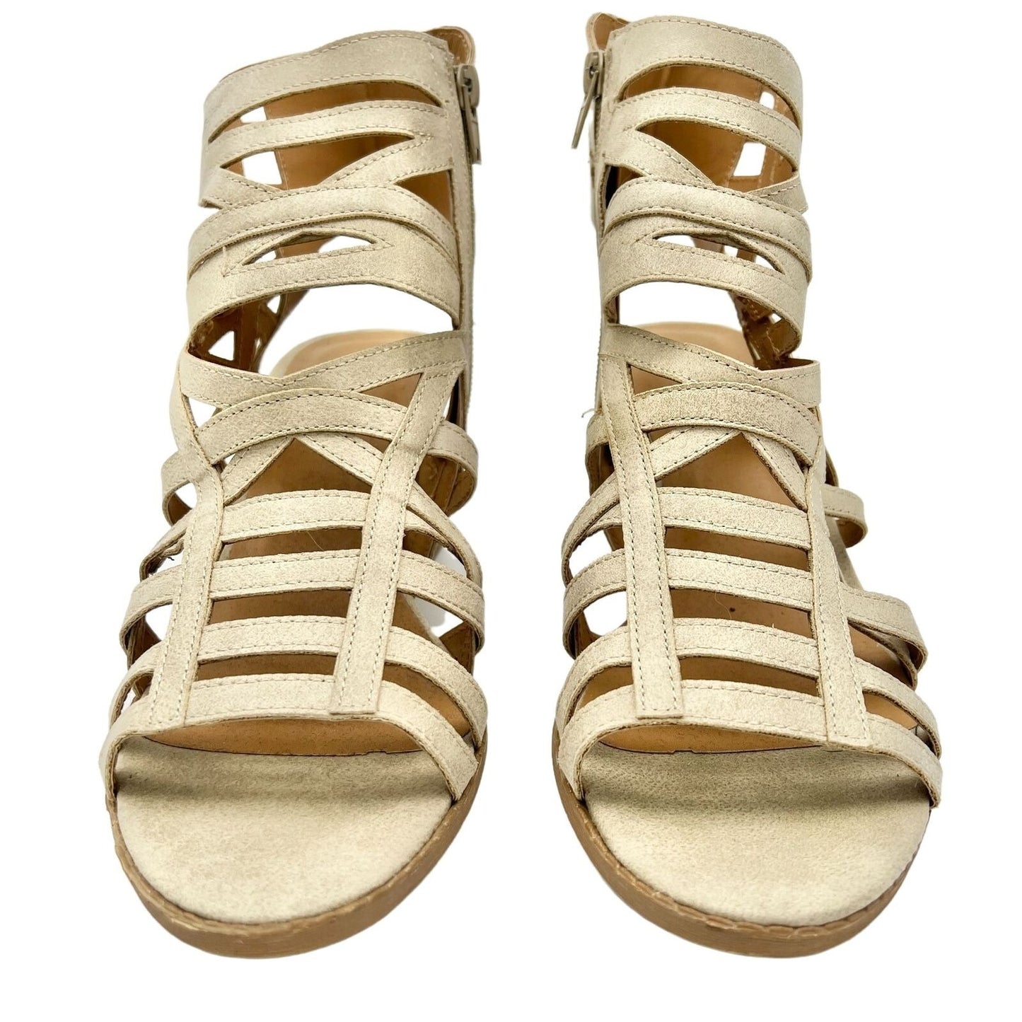 Qupid Women's Tan Strappy Ankle Open Toe Zip Side Sandals Size 10