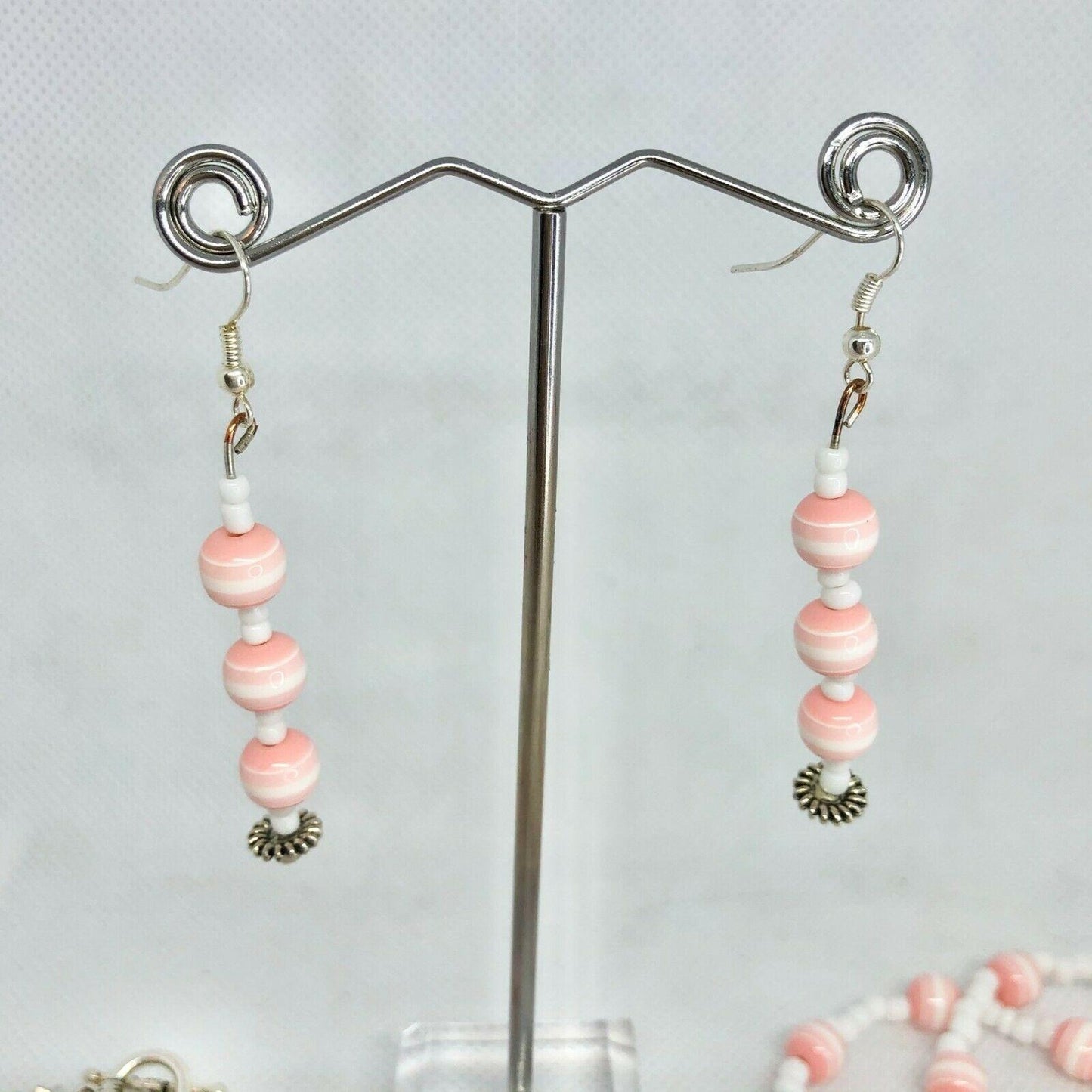 Handcrafted 3pc Jewelry Set Light Pink Beads Necklace Earrings Bracelet NEW