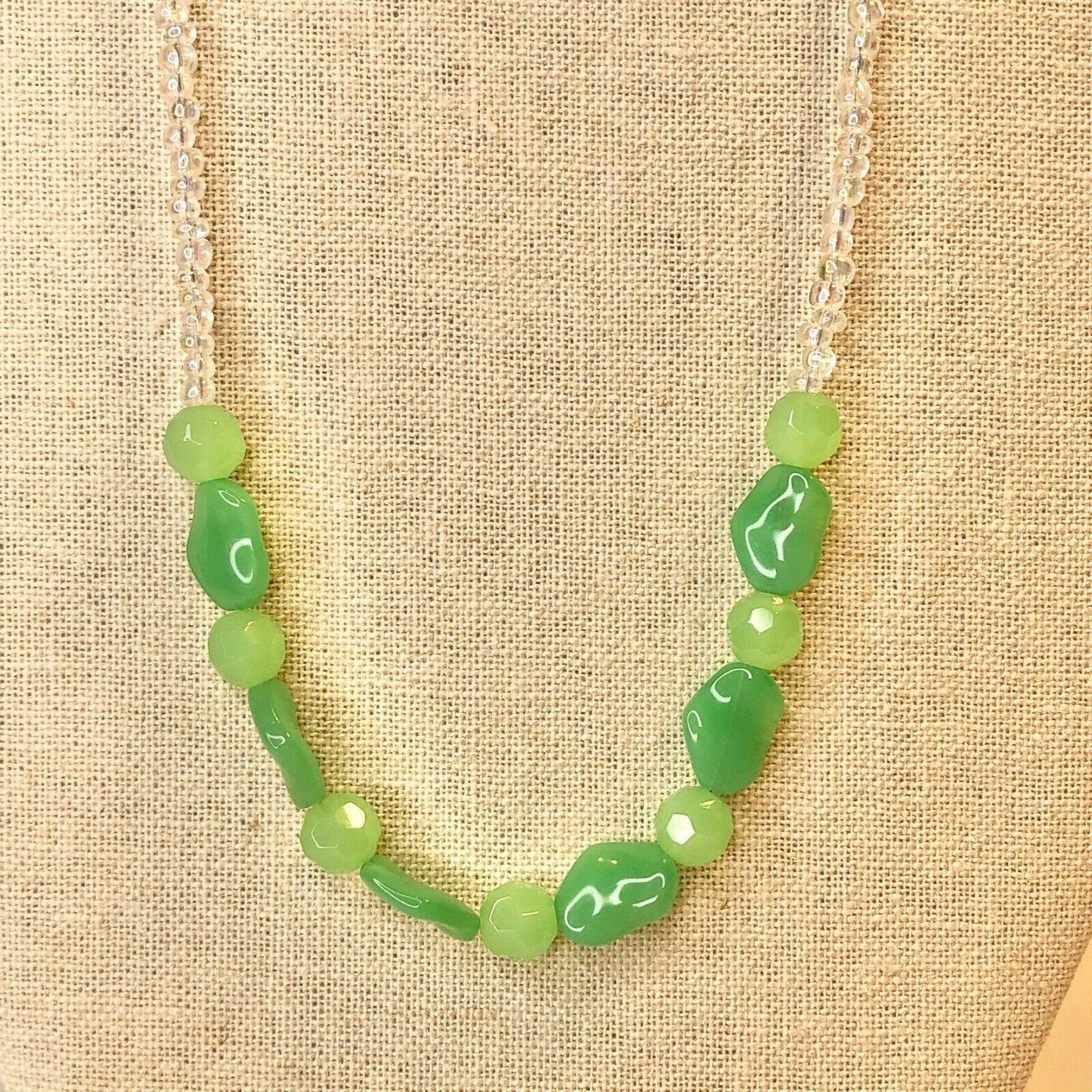 Handcrafted Beaded Necklace Green & Clear Beads Pop Spring Jewelry NEW