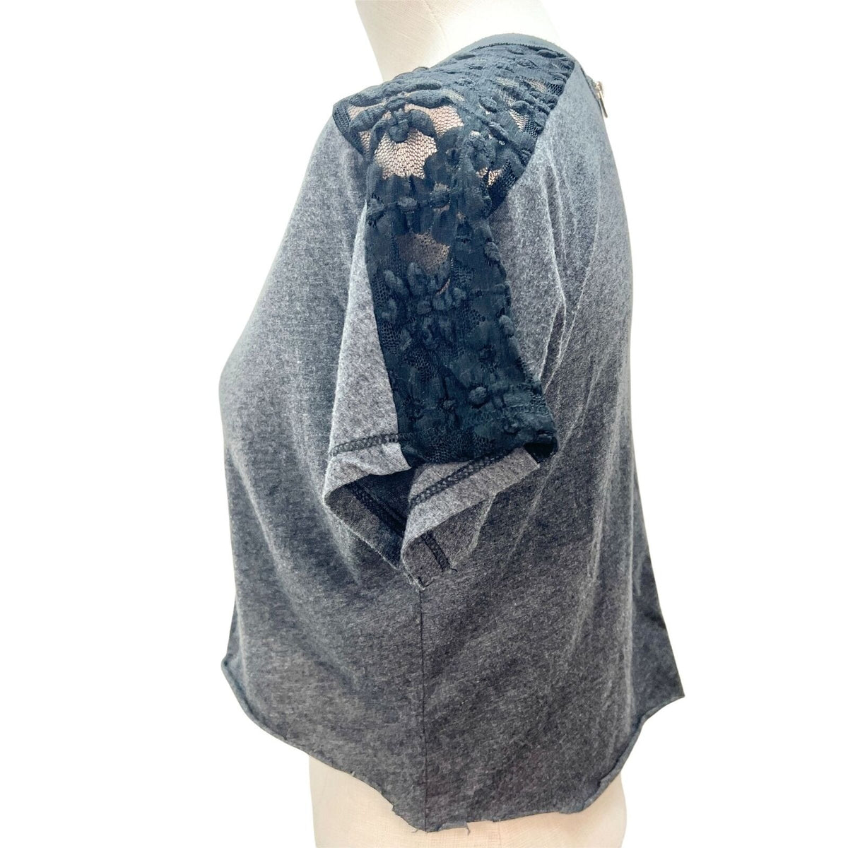 To Love Womens 12 Short Sleeve Gray Cut Off Shirt Black Lace Shoulders