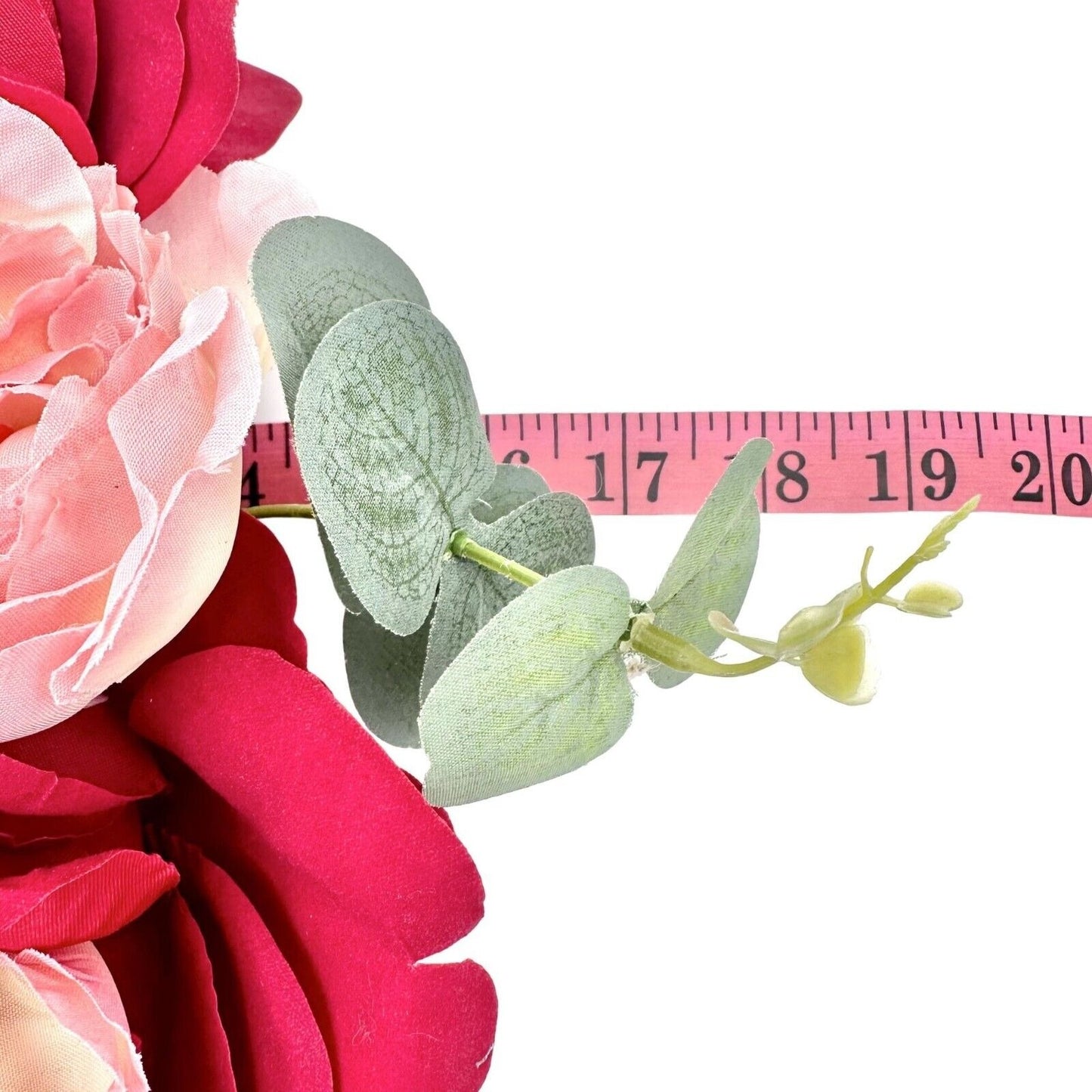 Heart Wreath 17 x 16 Red Pink Flowers Eucalyptus Red Ribbon Hanger