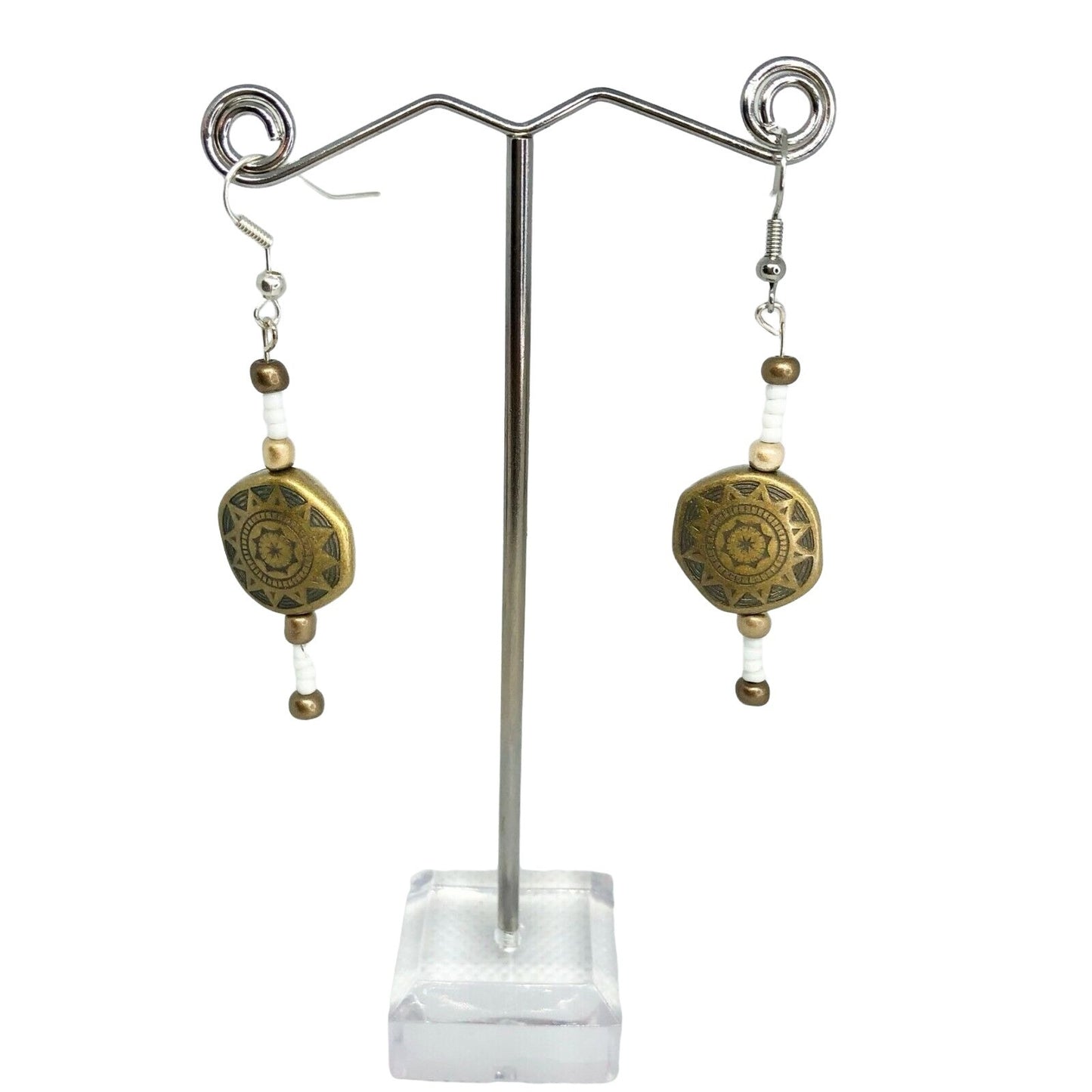 Handcrafted Beaded Earrings Golden Sun Beads & White Beads Jewelry NEW