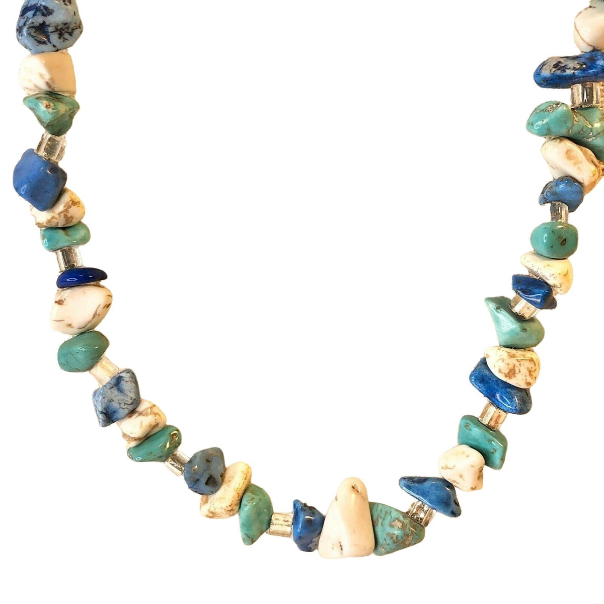 Handcrafted Necklace Beachy Stones Glass Beads Marbled Blues and White NEW