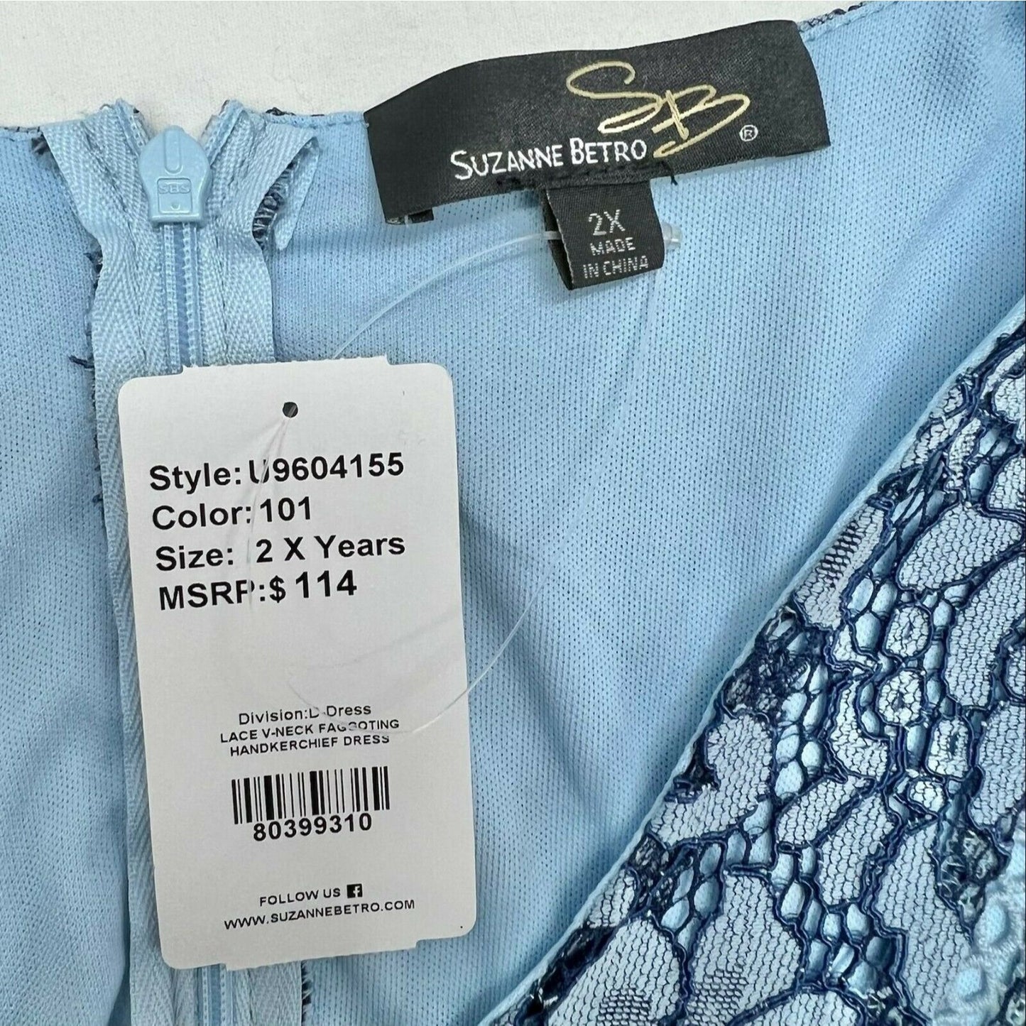 Suzanne Betro Women's 2X Blue Lacy Long Sleeve Handkerchief Dress NWT