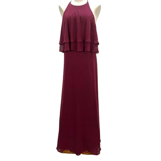 Reverie Burgundy Halter Maxi Dress Size 12 Double Tier Ruffle Overlay Open Back