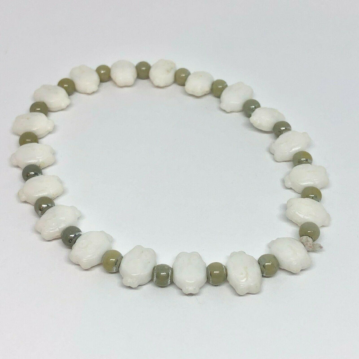 Owl Beads Stretch Bracelet Cute Dainty Cream and Tan