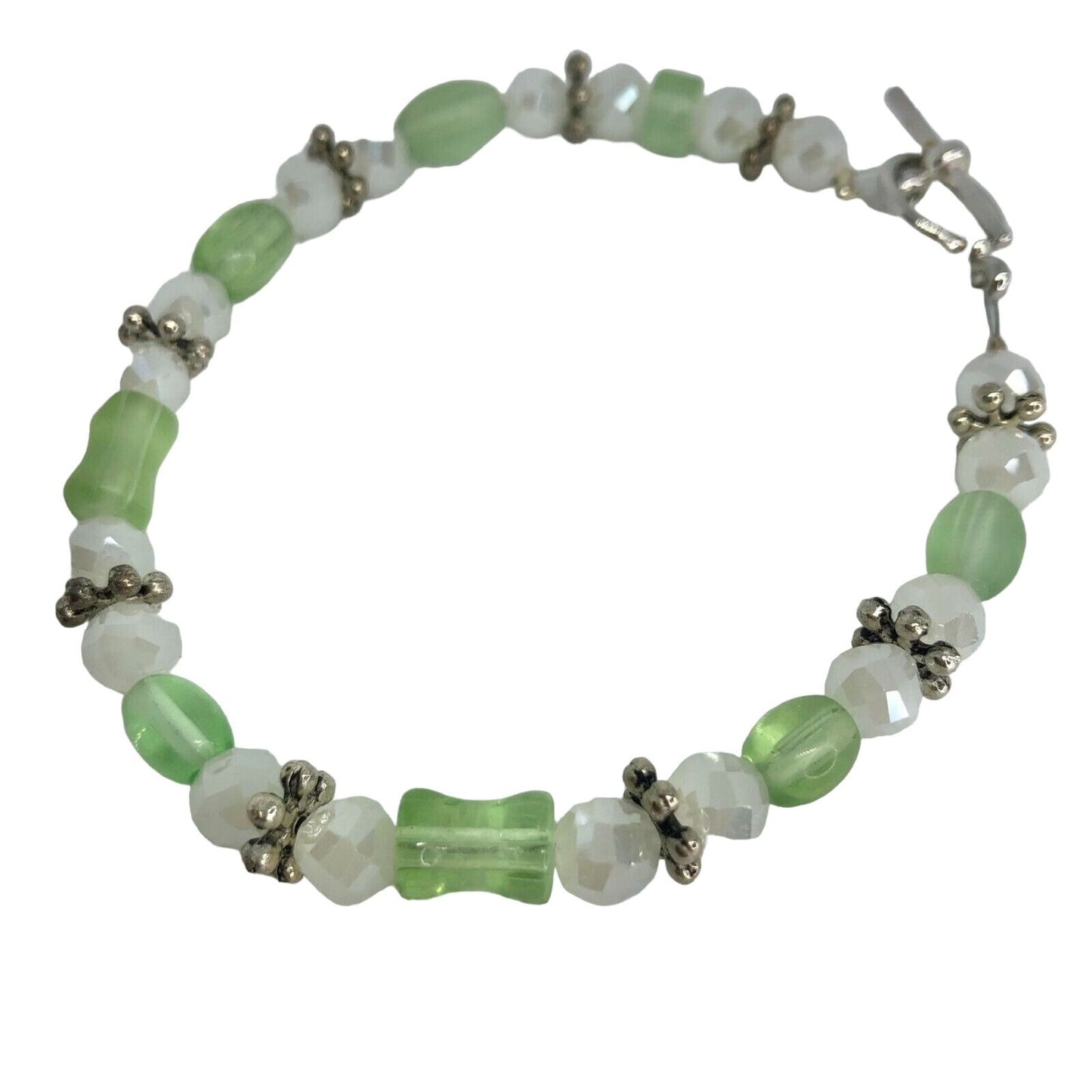 Handcrafted Bracelet White & Green Beads Silver Toggle Clasp Beads Spring NEW