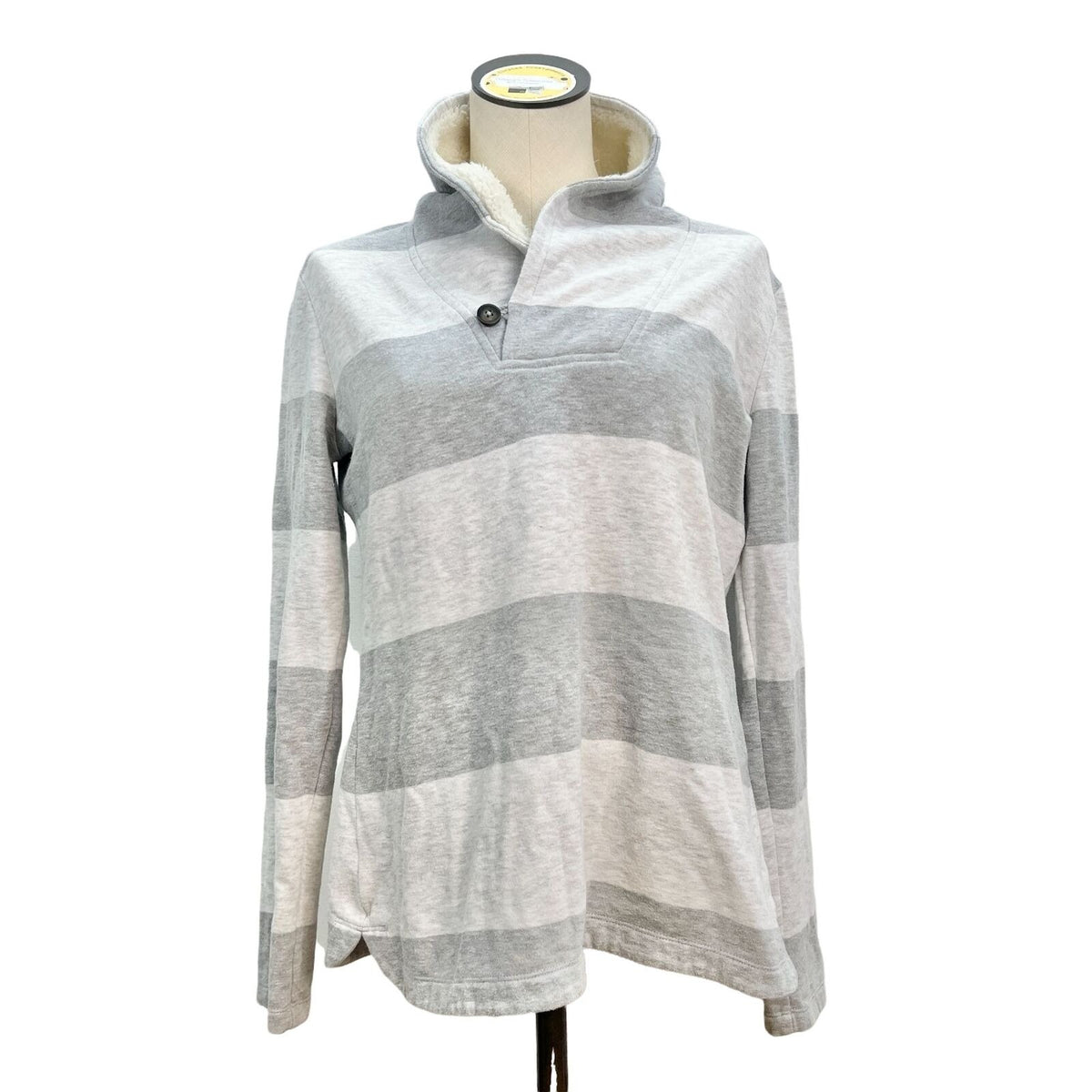 Tommy Hilfiger Shawl Collar Pullover Small Gray White Stripe Fleece Long Sleeves
