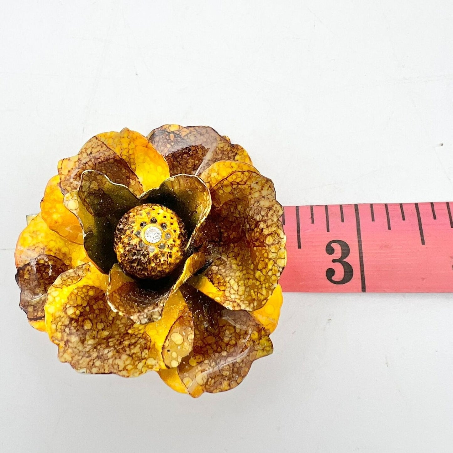 Brooch Flower Yellow Gold Brown 2.5 inch Vintage