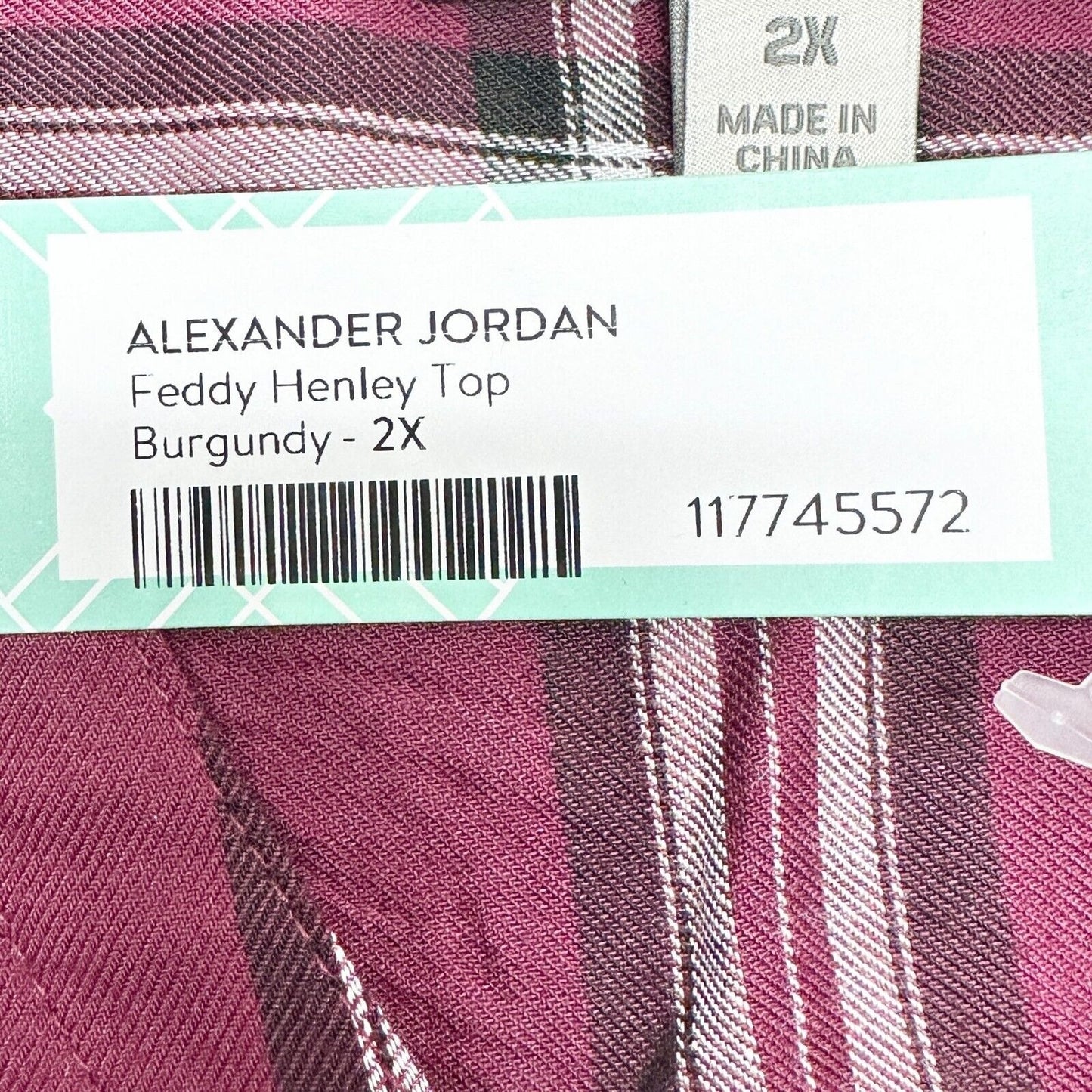 Alexander Jordan Top Women's 2X Burgundy Plaid Feddy Henley Long Sleeve NWT