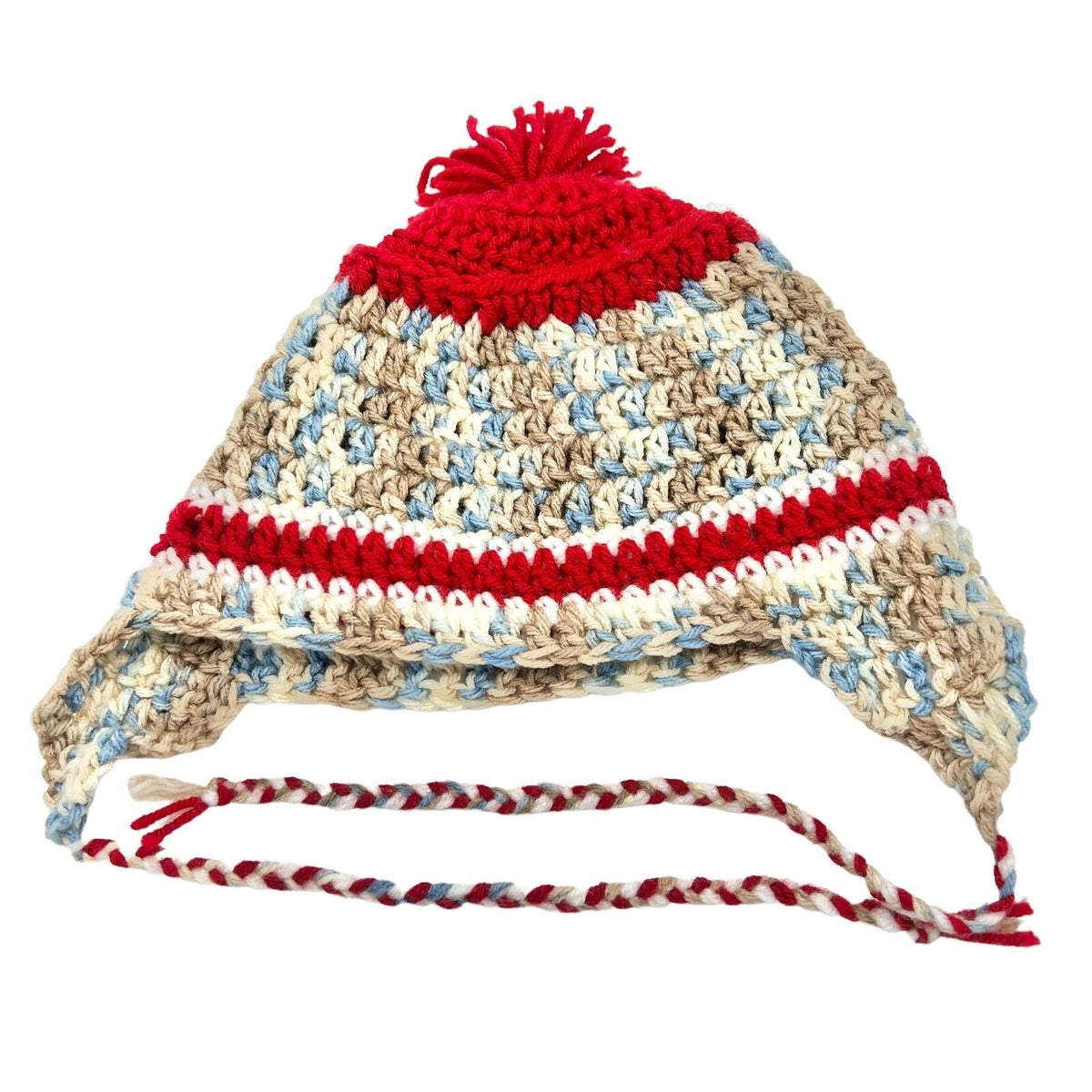 Crochet Hat Blues Browns Red with Ear Flaps and Ties and Pom Pom