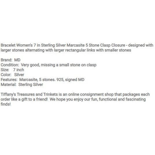 Bracelet Womens 7 in Sterling Silver Marcasite 5 Stone Clasp Closure