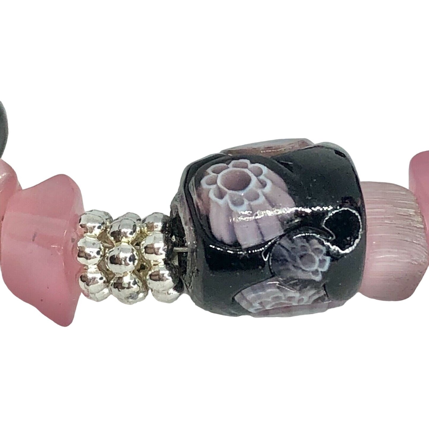 Handcrafted Beaded Bracelet Black Floral Pink Silver Beads Unique Fun NEW