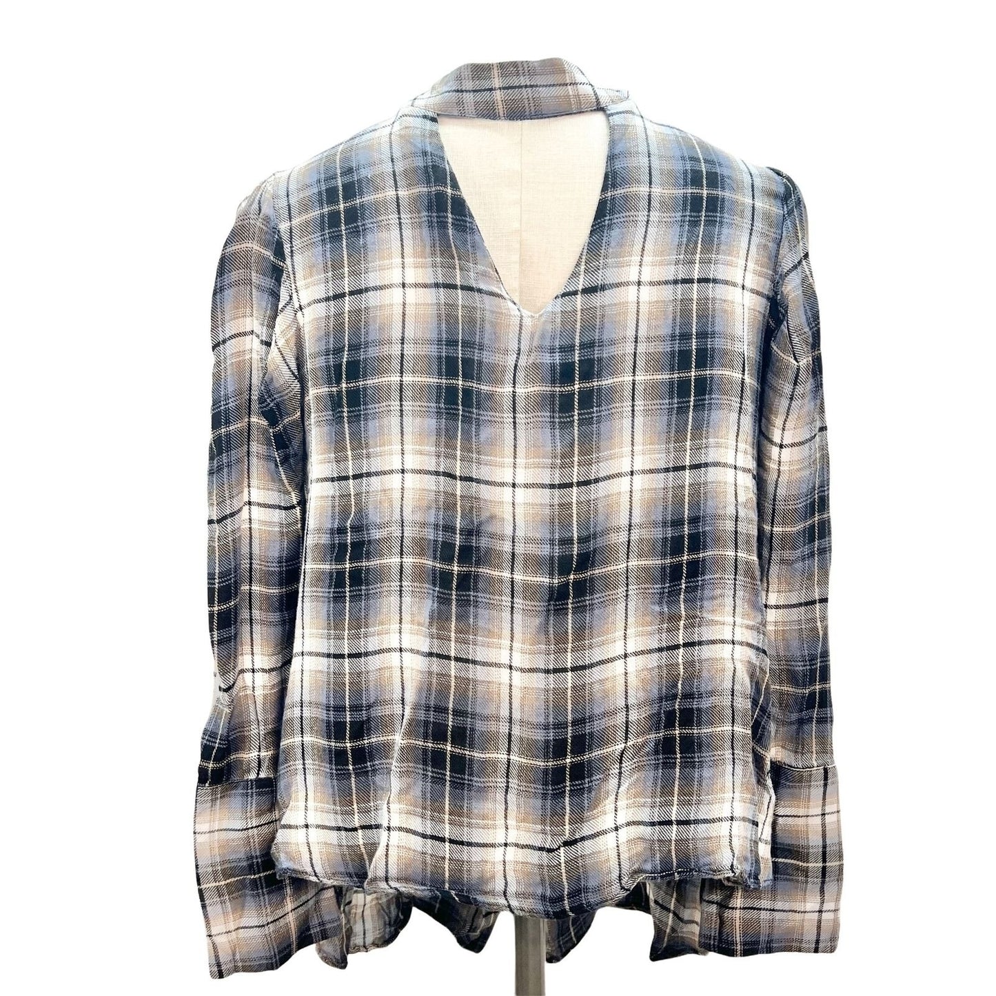 Elan Women's Small Blue Plaid LS Rayon High Low Button Up Mock Neck Top