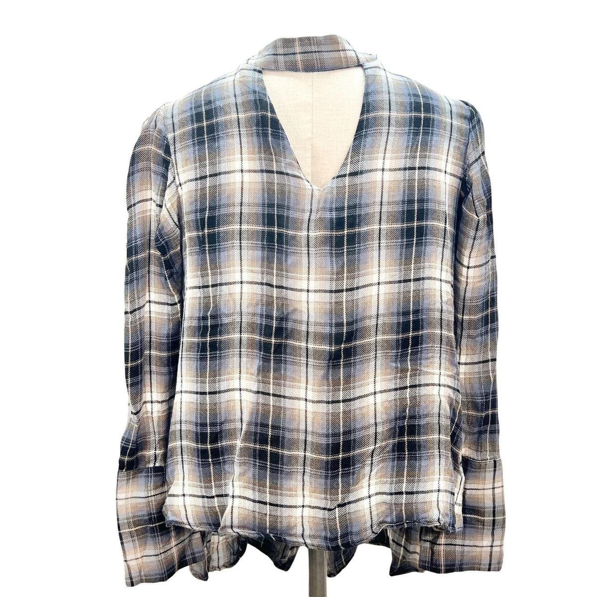 Elan Women's Small Blue Plaid LS Rayon High Low Button Up Mock Neck Top