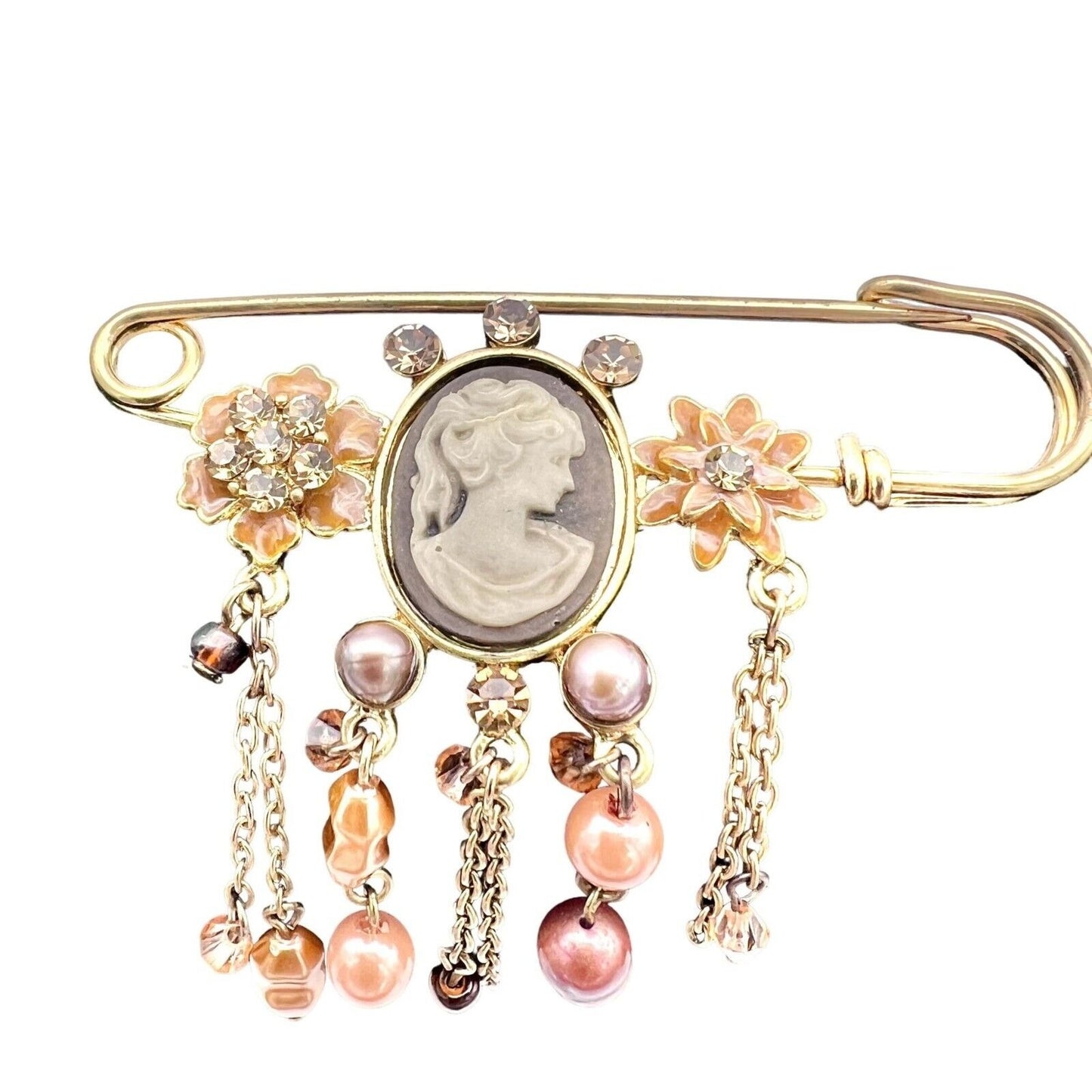 Brooch Pin 3 inch Goldtone Cameo Beads Rhinestones NWOT
