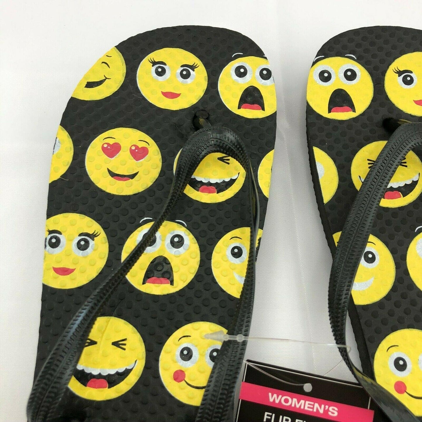 Flip Flops Emojis Womens L (9-10) Black and Yellow NEW beach pool camping casual Summer