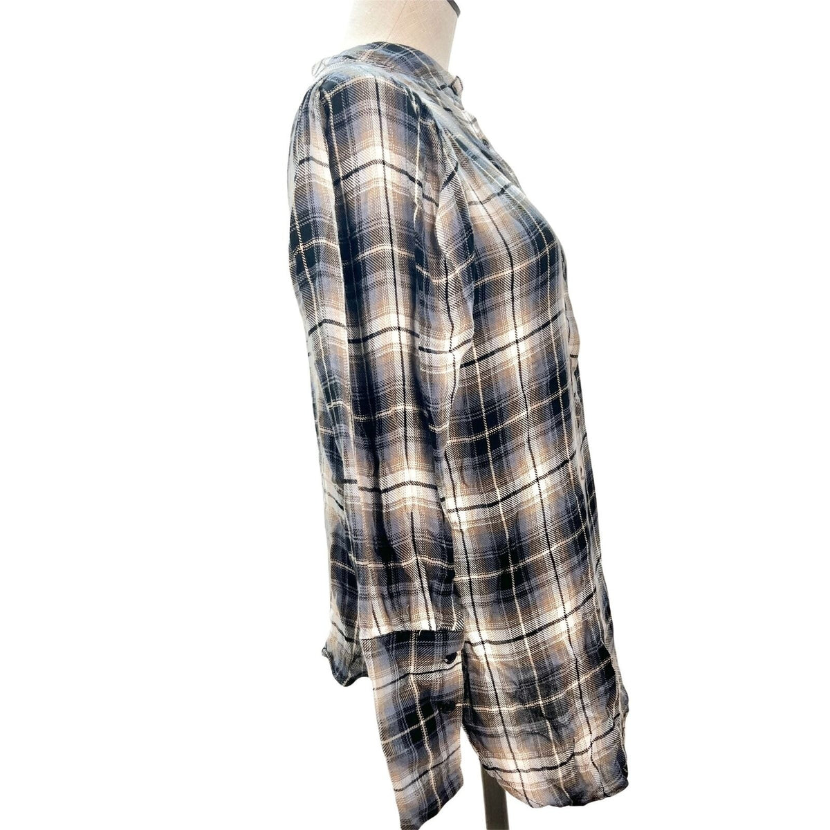 Elan Women's Small Blue Plaid LS Rayon High Low Button Up Mock Neck Top