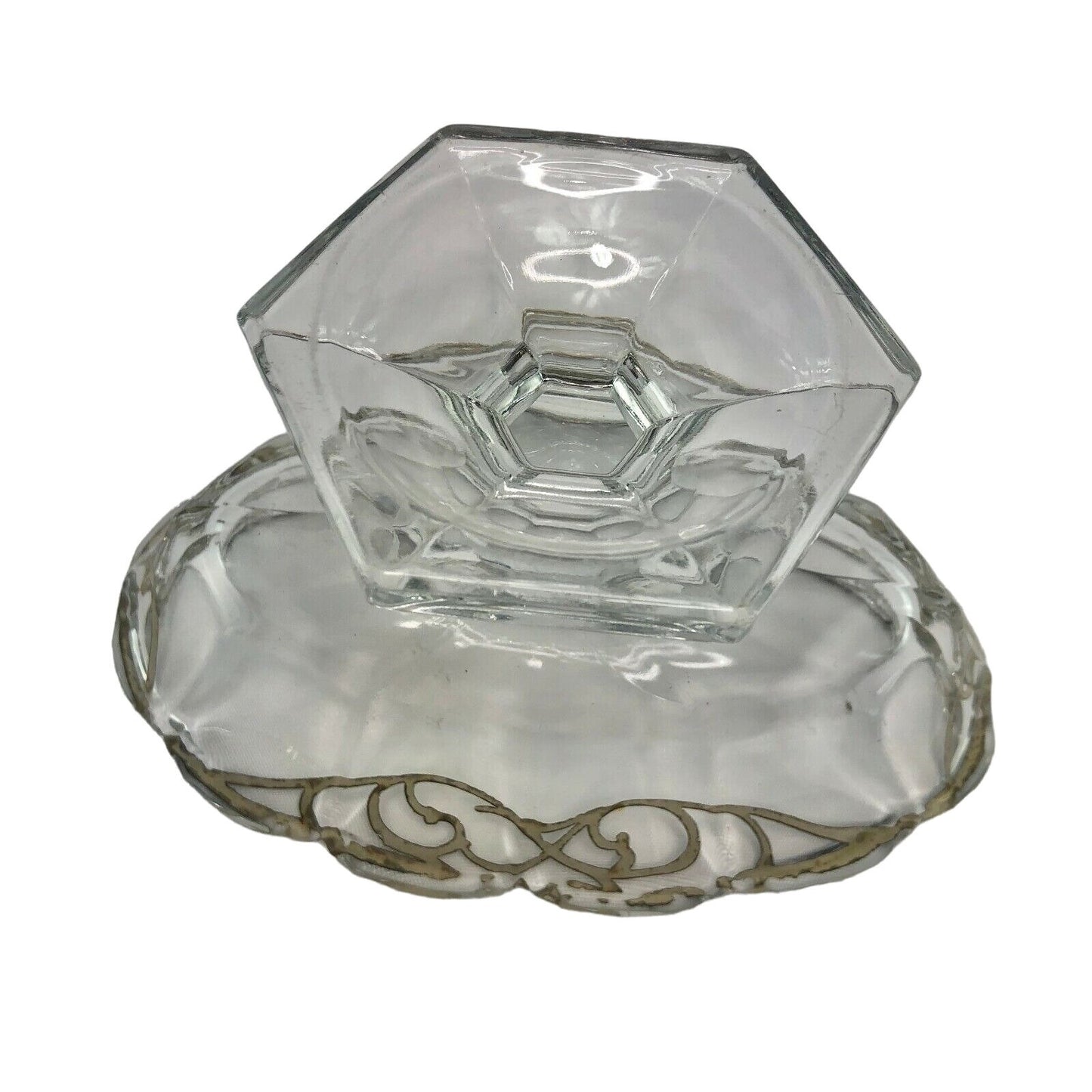 Glass with Silver Design Pedestal Candy Nut Bonbon Trinket Bowl EUC