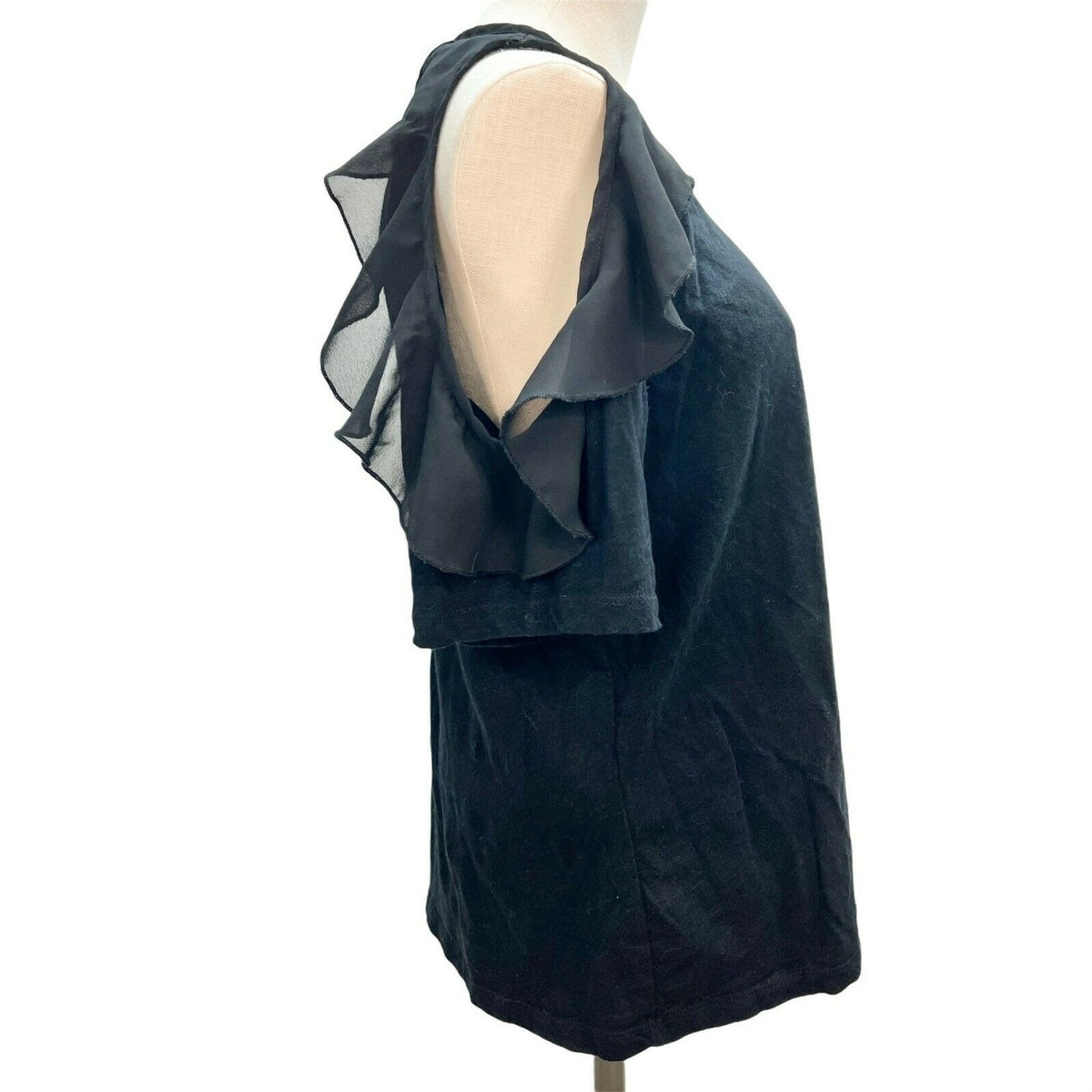 Forever 21 Women's Medium Black Cold Shoulder Short Sleeve T-Shirt Chiffon Trim