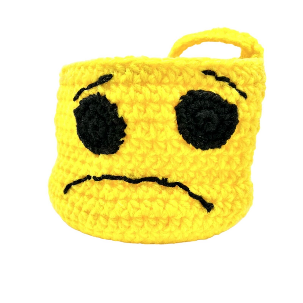 Handmade Yellow Crochet Basket With Sad Face Design & Handle Halloween Treat