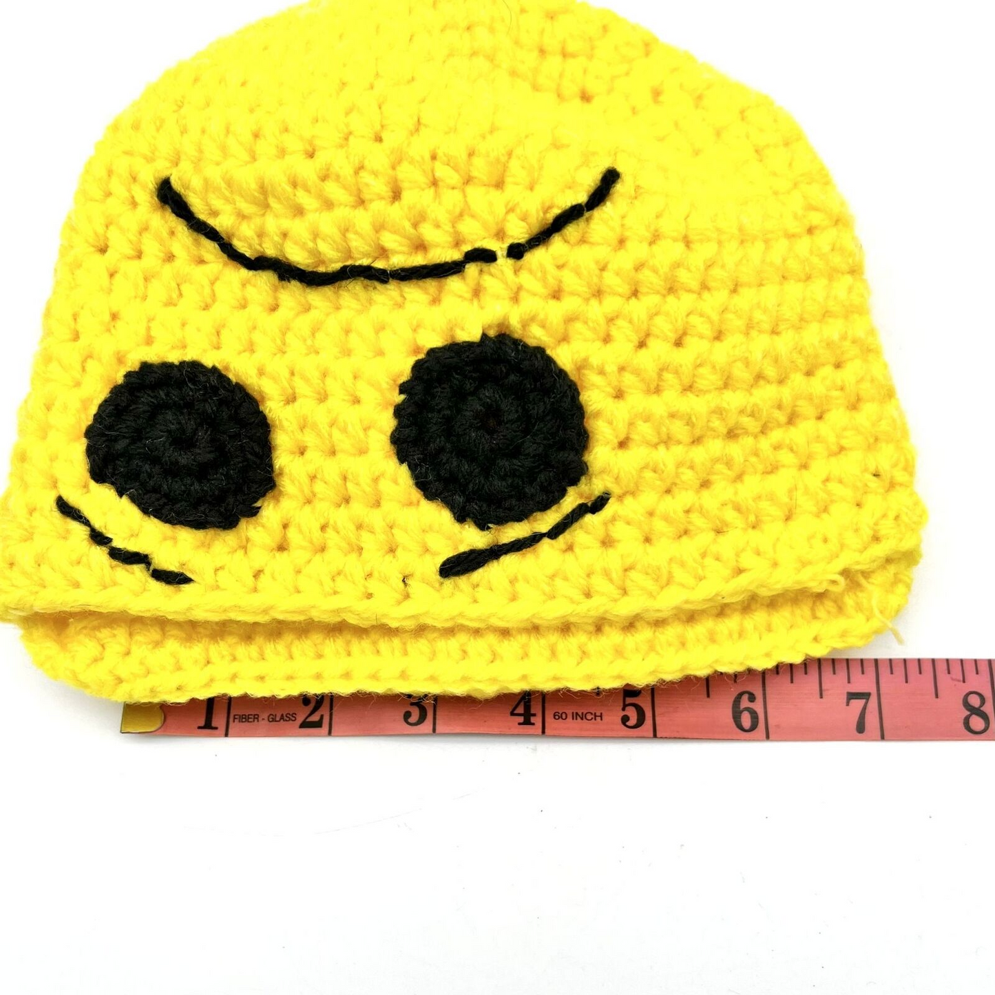 Handmade Yellow Crochet Basket With Sad Face Design & Handle Halloween Treat