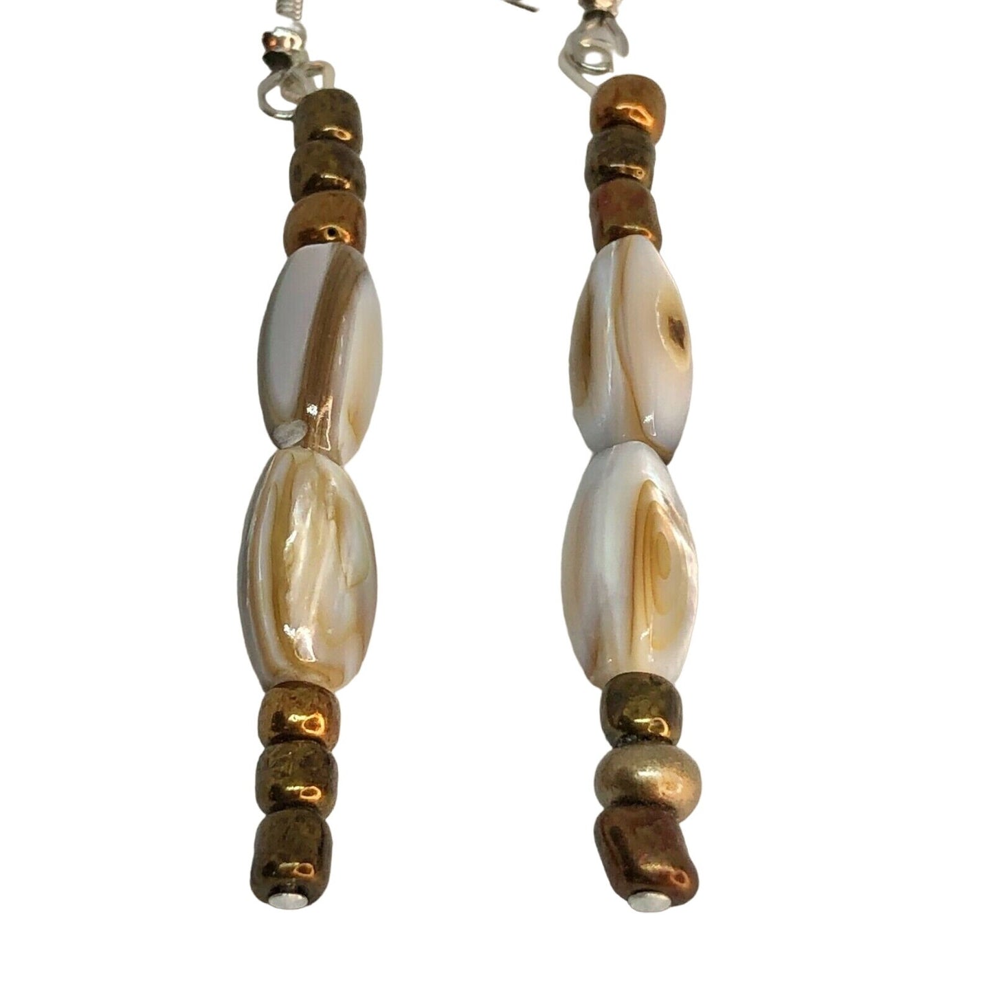 Handcrafted Bead Drop Earrings Bronze & White Swirled Beads Fun Eye Catching NEW