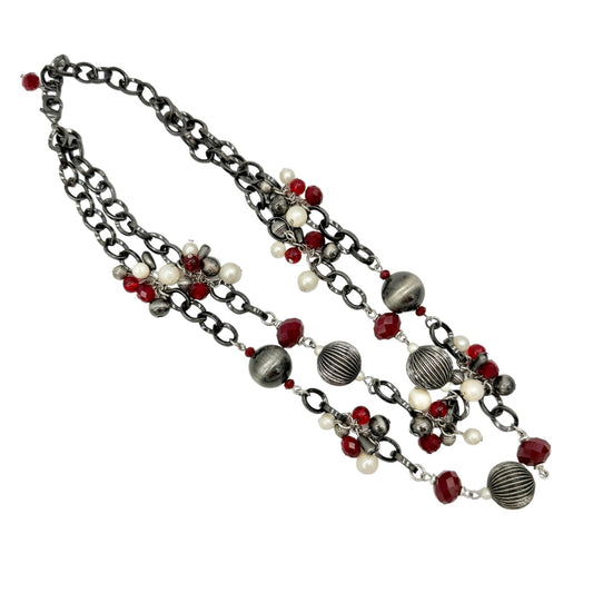 Vintage Premier Designs Necklace Red White Silvertone Multi-Strand Chunky Chain