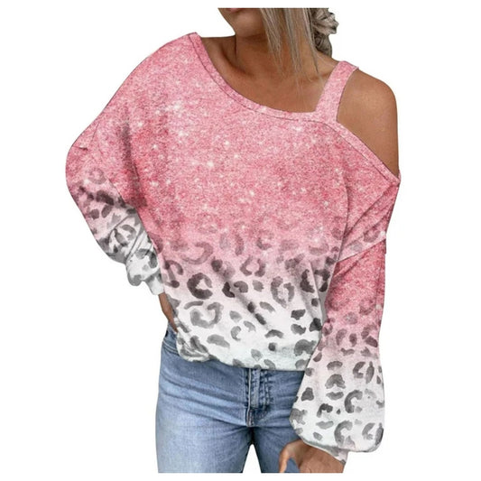 Womens Plus Top 3X Cold Shoulder Pink Camo White with Gray Leopard Print Long Sleeve