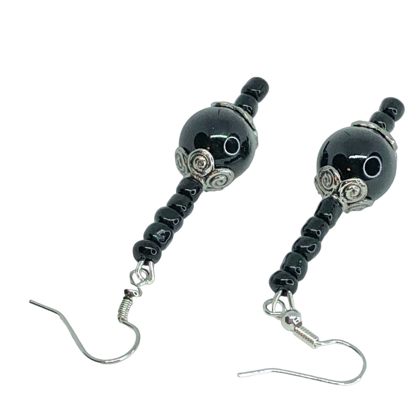 Handcrafted Beaded Drop Earrings Black & Silver Beads Shiny Jewelry NEW