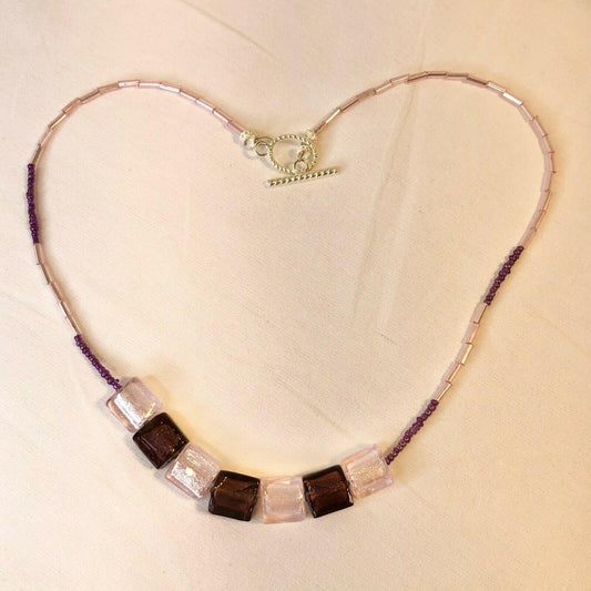 Handcrafted Beaded Necklace Purple Hues Square Beads Beautiful Jewelry NEW