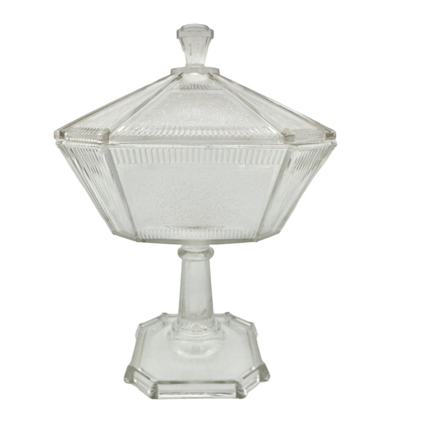 Vintage Art Deco Covered Pedestal Dish 12 x 8 Clear Glass Faceted Multi-Sided