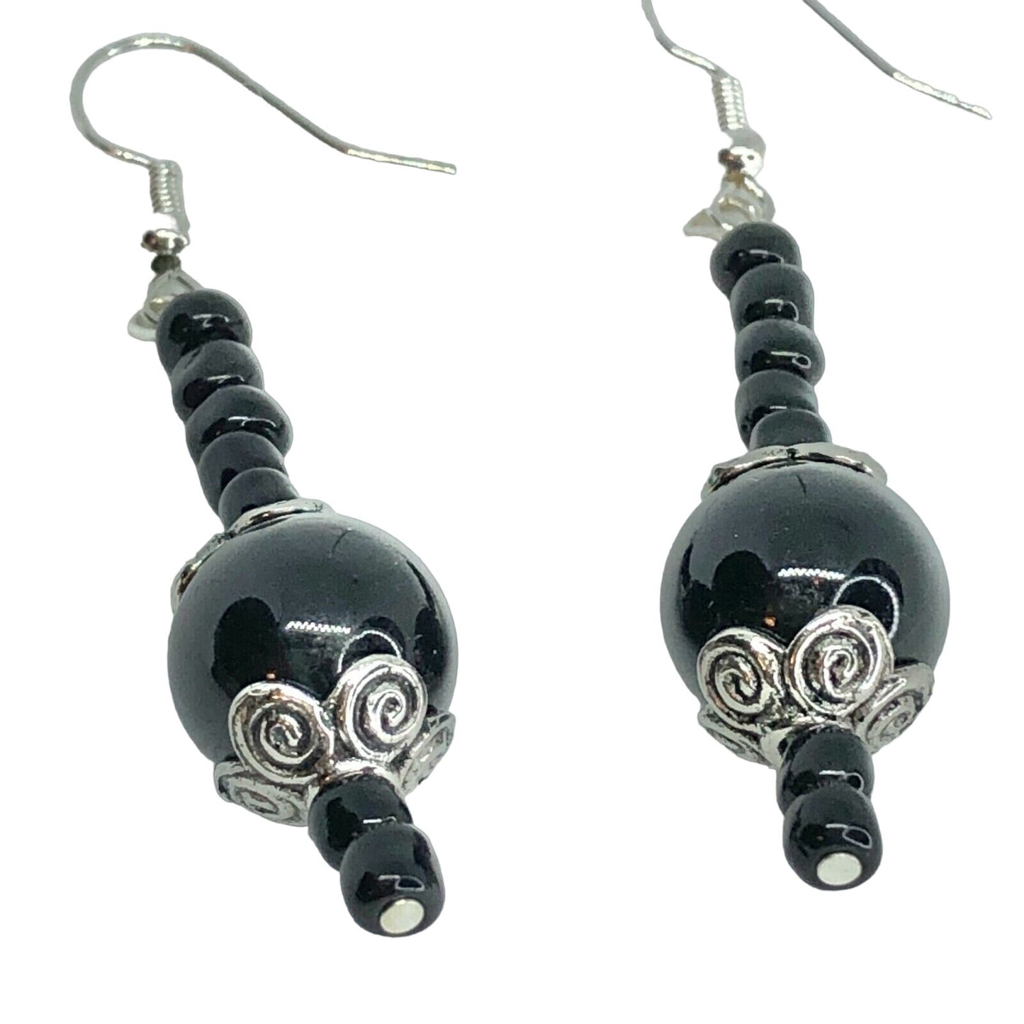 Handcrafted Beaded Drop Earrings Black & Silver Beads Shiny Jewelry NEW