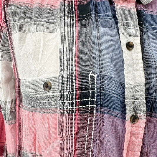 Mudd Shirt Womens Large Blue Pink Plaid Button Front Chest Pockets Long Sleeve