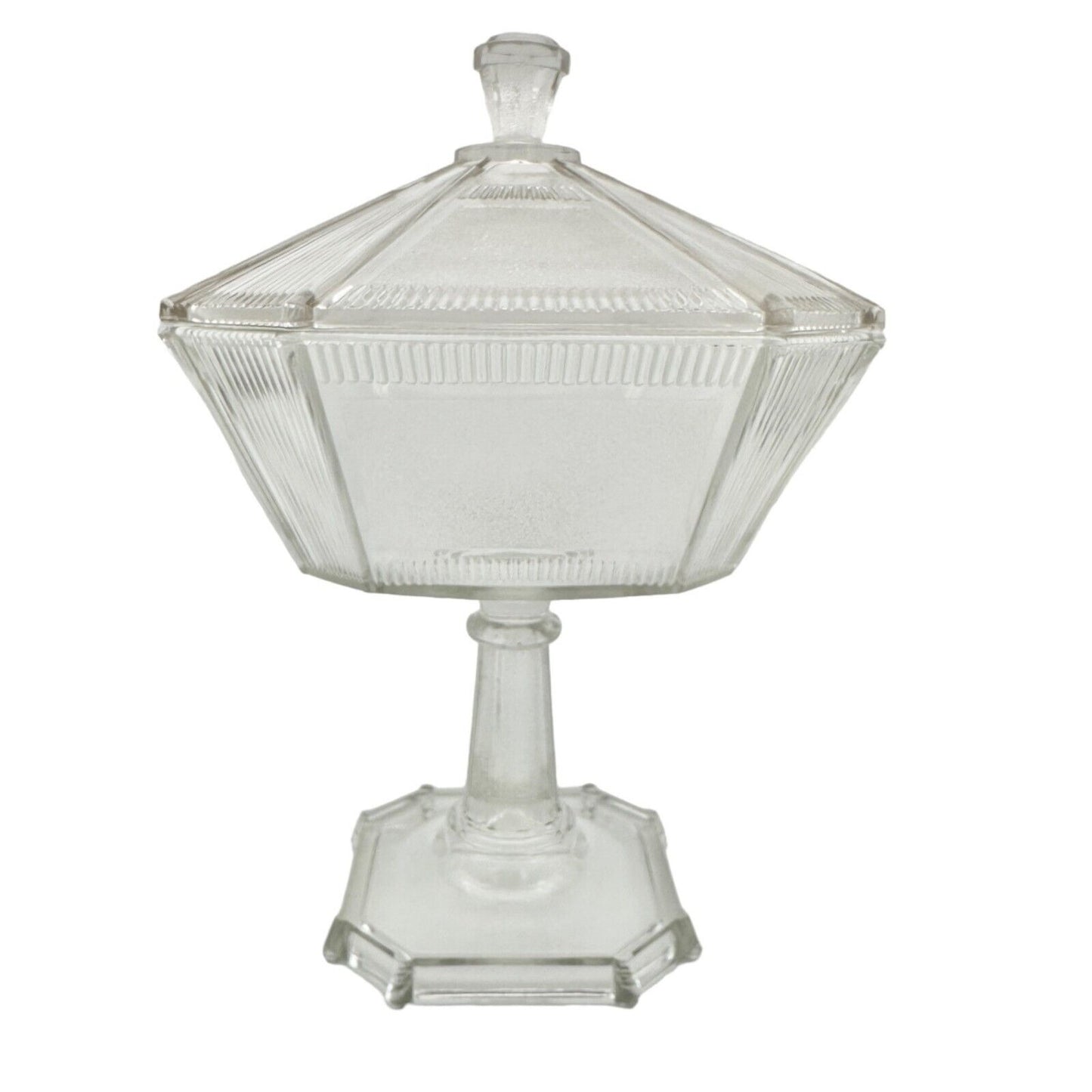 Vintage Art Deco Covered Pedestal Dish 12 x 8 Clear Glass Faceted Multi-Sided