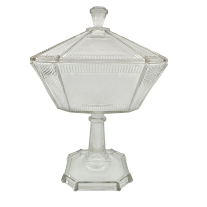 Vintage Art Deco Covered Pedestal Dish 12 x 8 Clear Glass Faceted Multi-Sided