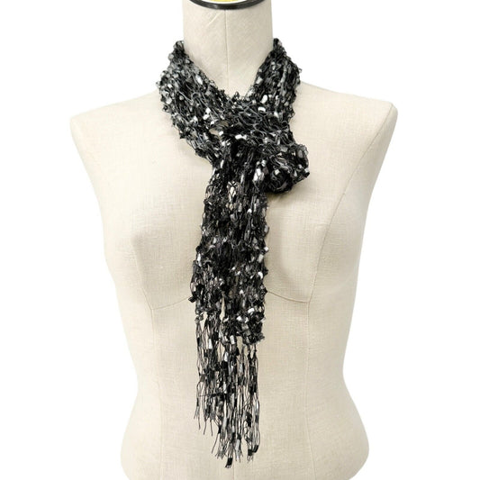 Scarf 67 x 3.5 inch Loosely Knit Black Gray Fringe Ends