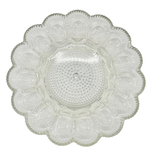 Deviled Eggs Plate Clear Glass Dimpled Holds 15 Eggs 11" Round