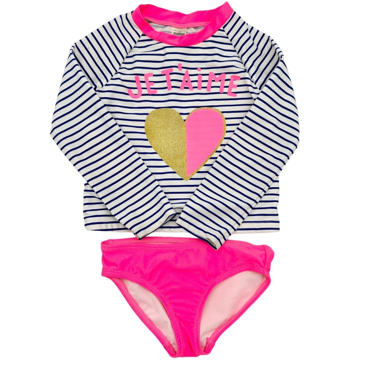 OshKosh B'gosh 3T 2pc Swimsuit LS Top Blue White JE T'AIME Heart Pink Bottoms