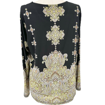 Susan Graver Top Womens XL Black Green Paisley Print Long Sleeve Stretchy Comfy
