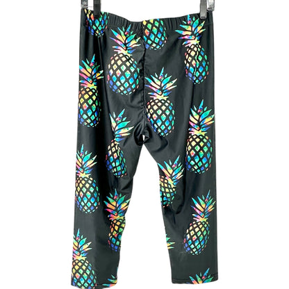 Womens Pineapple Print Capri Leggings Large Poly Spandex Blue Colorful Stretchy