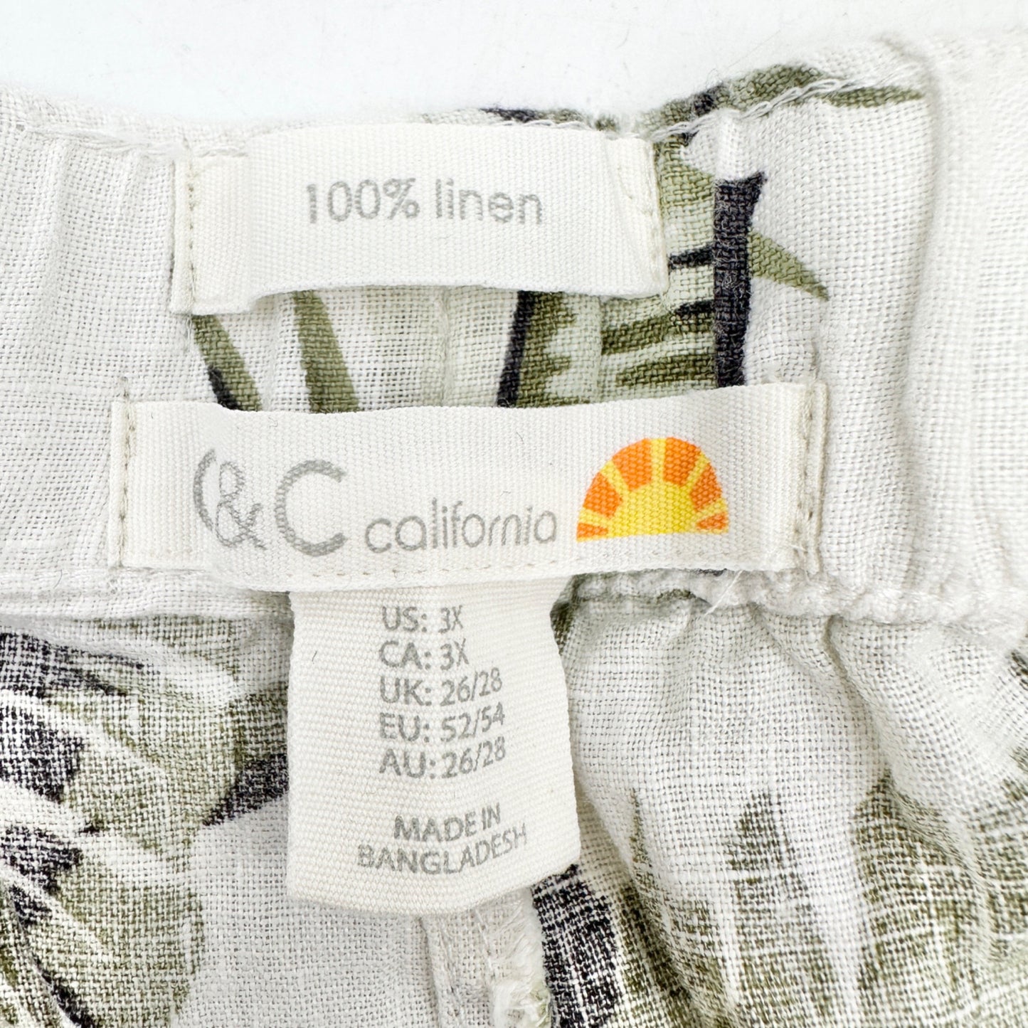 Womens 3X Shorts Linen Tropical Print Drawstring Green White by C&C California