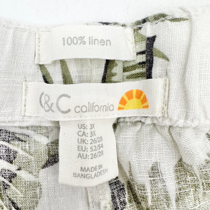 Womens 3X Shorts Linen Tropical Print Drawstring Green White by C&C California