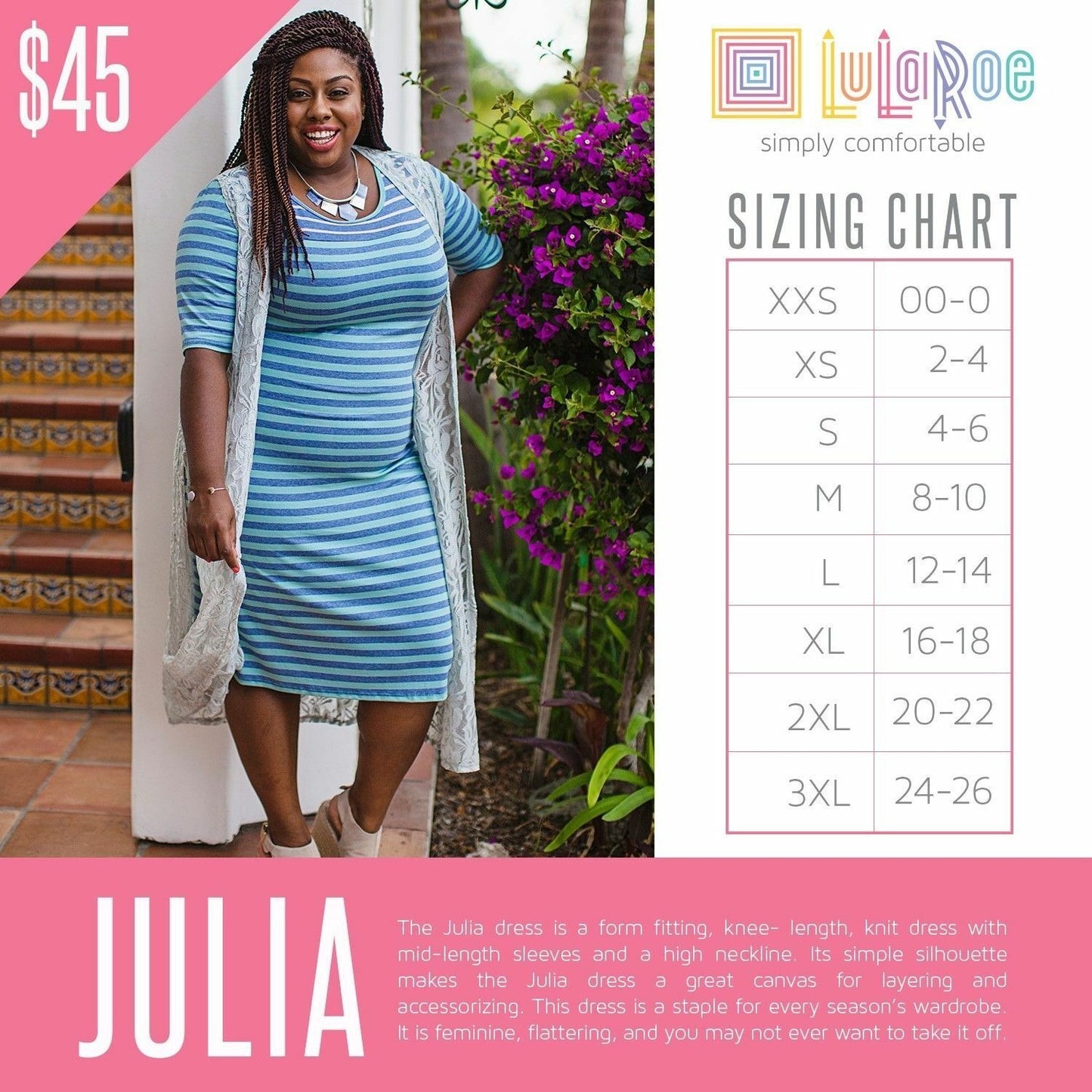 LuLaRoe Retired Julia Dress S Gray and Pink Striped SS Form Fitting NWT