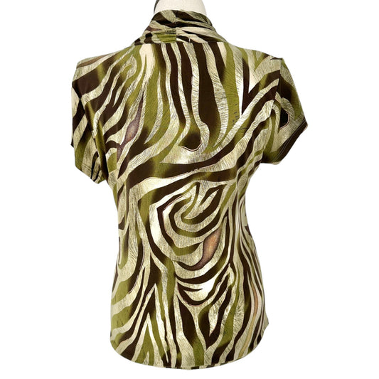 Dressbarn Blouse Womens XL Zebra Print Short Sleeve Made In USA Green Brown Gold